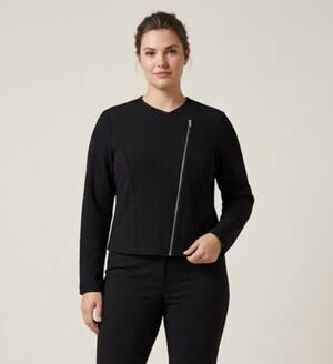 Women's Black Moto Jacket Minimalist Diagonal Silver Full Zip Cropped Size 1XL‎
